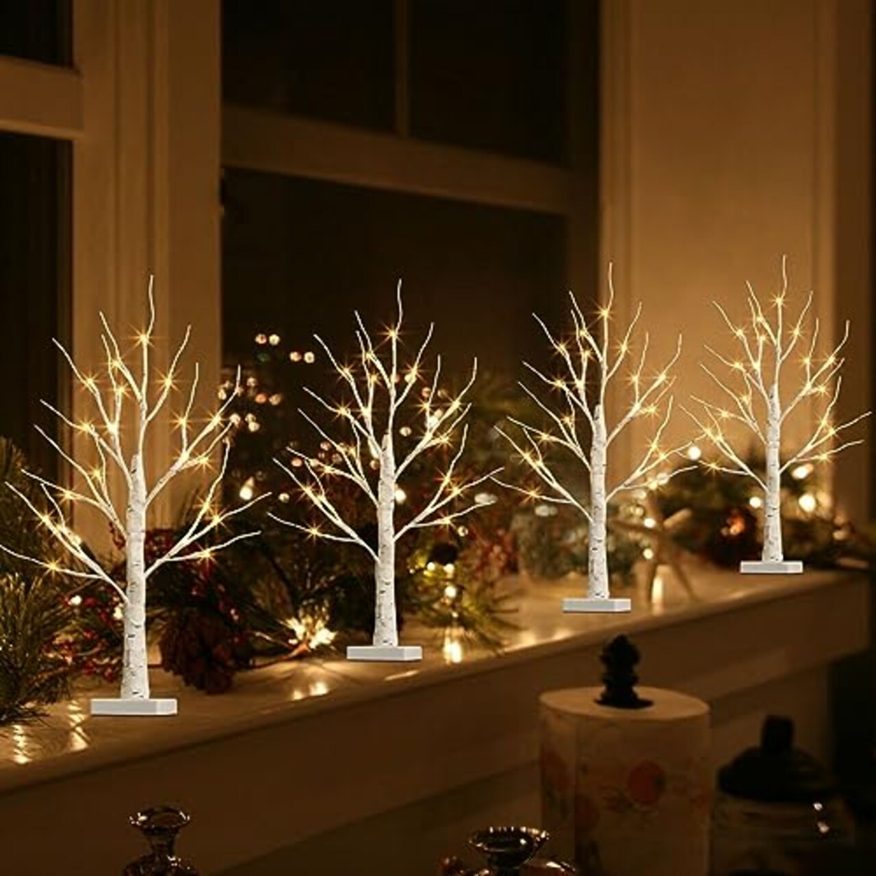 Christmas Tree, Christmas Table Decorations, 2FT Birch Tree with LED Lights, Warm White Tree Lamp, Fairy Light Spirit Tree for Xmas Room Inside Mantel Decor, Battery Powered, 6H/18H Timer (4PK)
